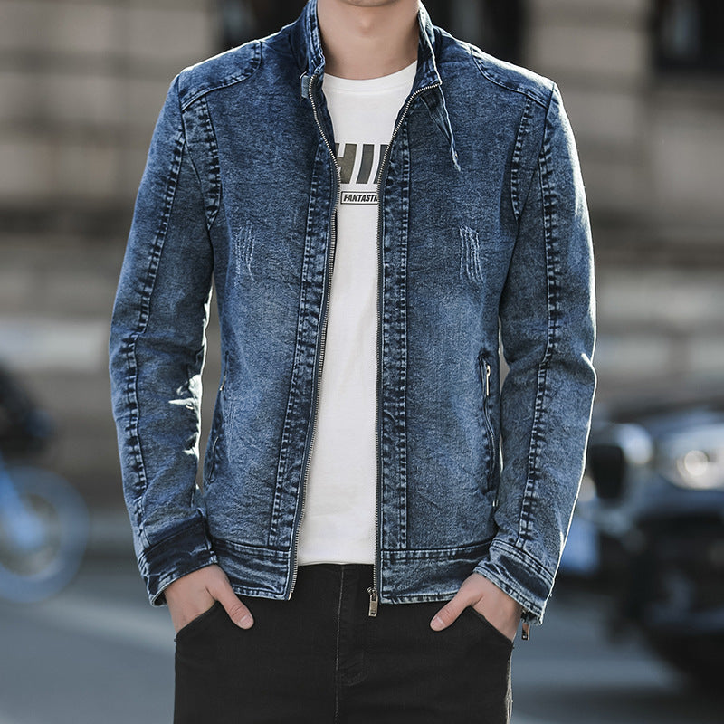 Men's Distressed Denim Zip-Up Jacket