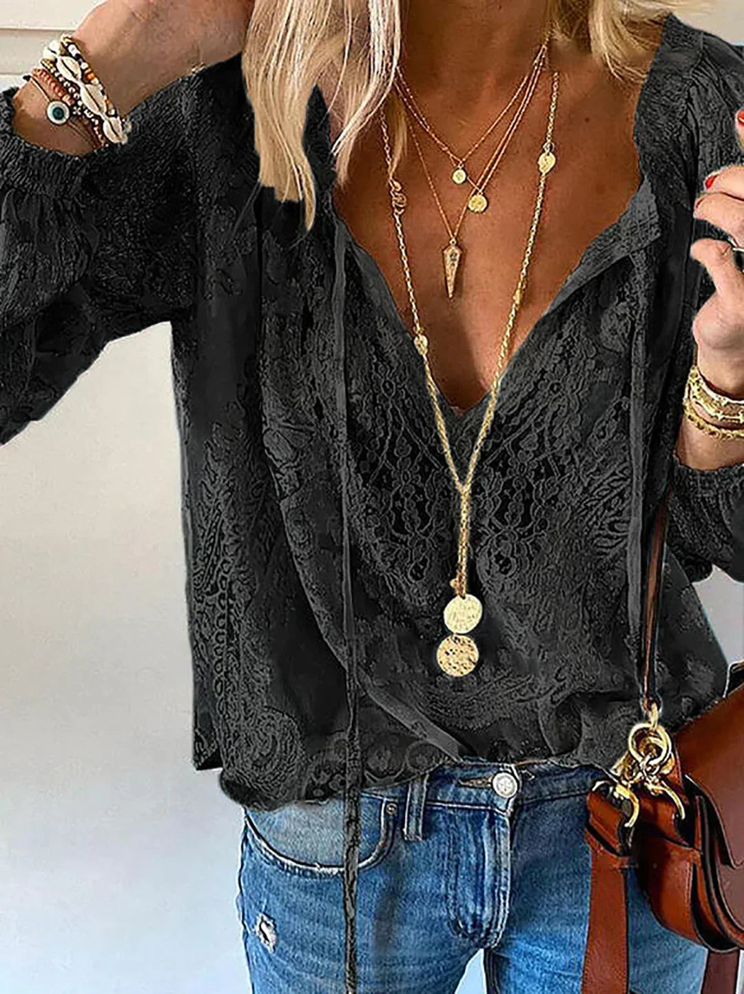 Women's V-Neck Lace Chiffon Top