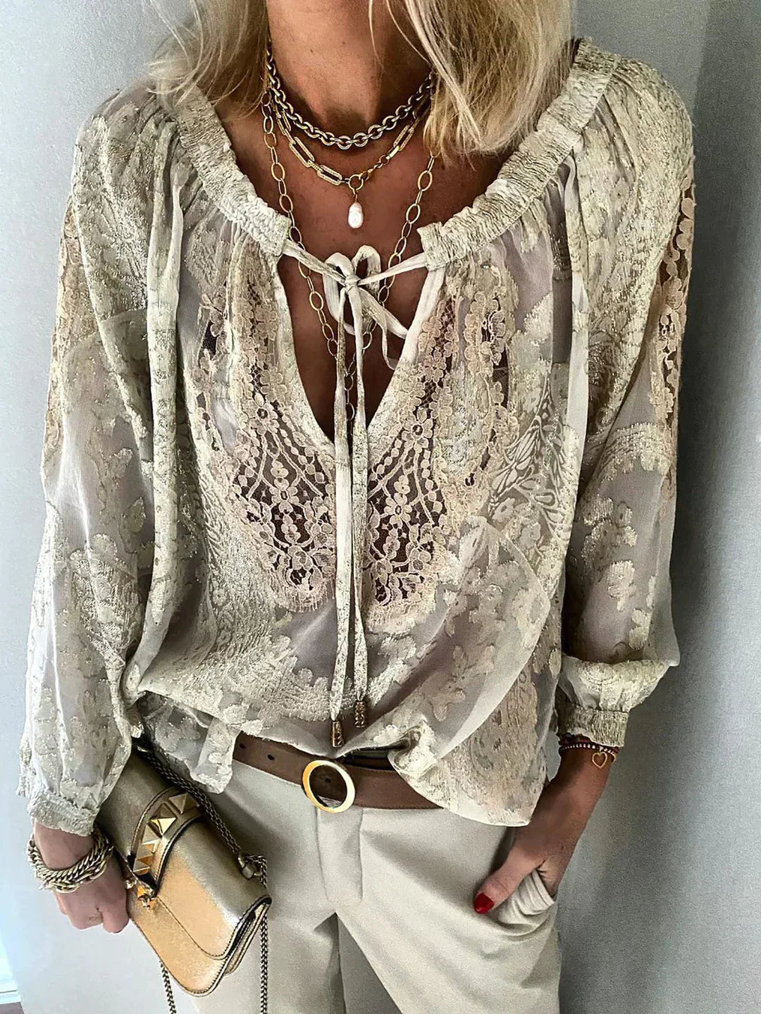 Women's V-Neck Lace Chiffon Top