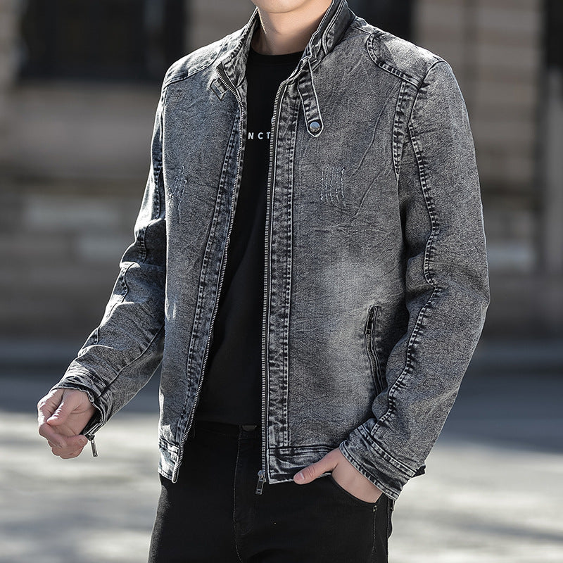 Men's Distressed Denim Zip-Up Jacket