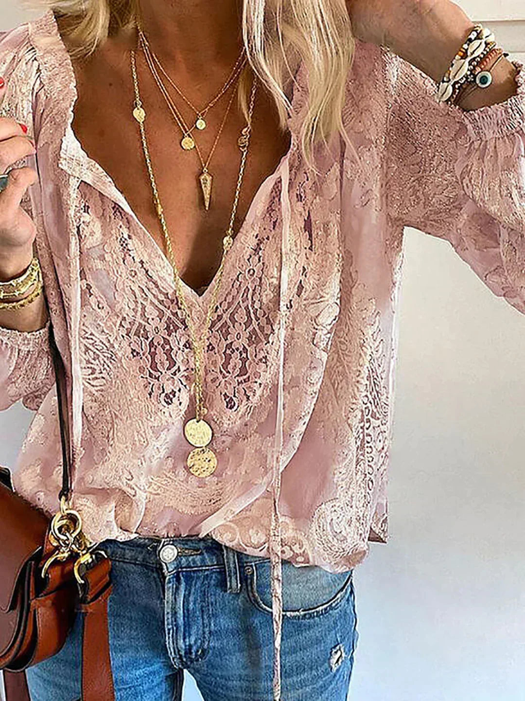 Women's V-Neck Lace Chiffon Top