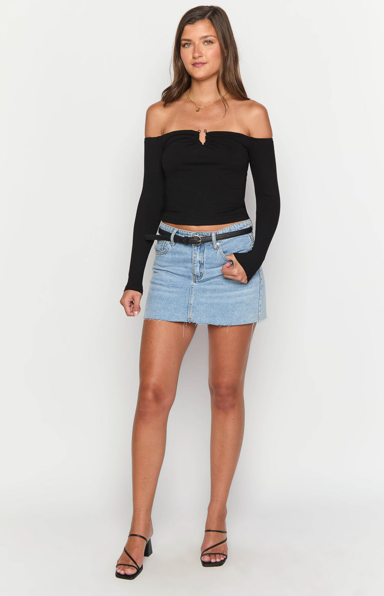 Women's Black Off-Shoulder U-Bar Long-Sleeve Top
