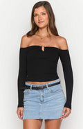 Women's Black Off-Shoulder U-Bar Long-Sleeve Top