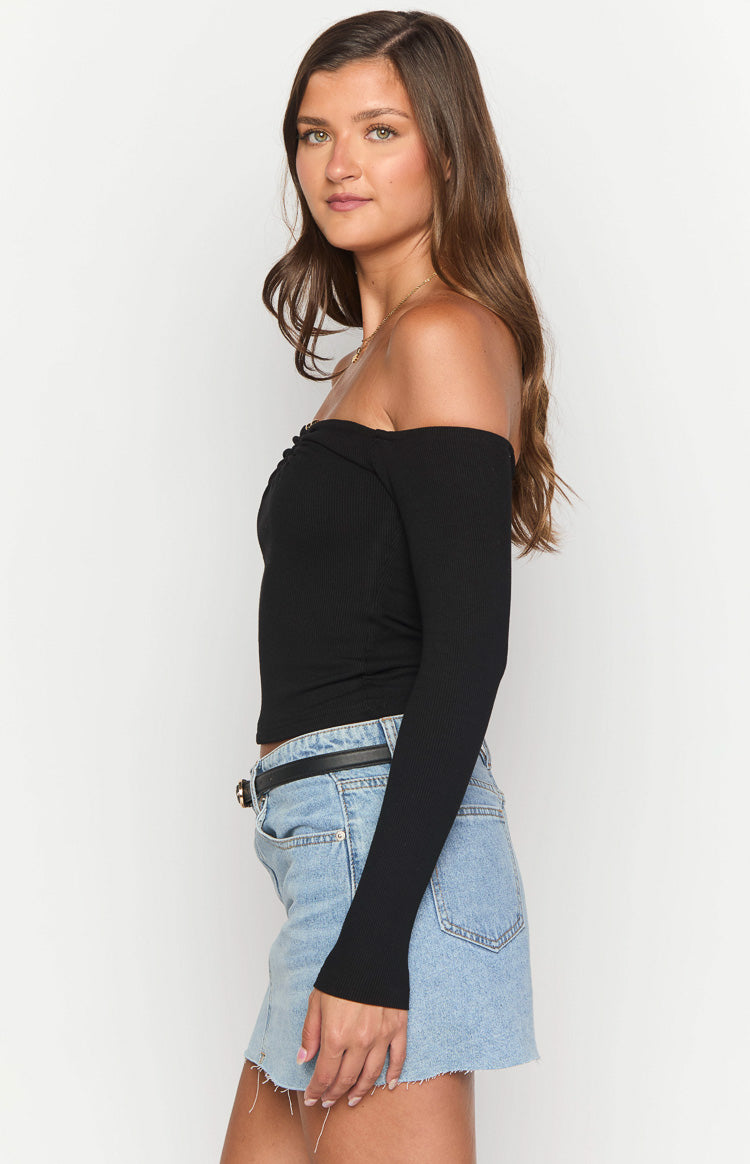 Women's Black Off-Shoulder U-Bar Long-Sleeve Top