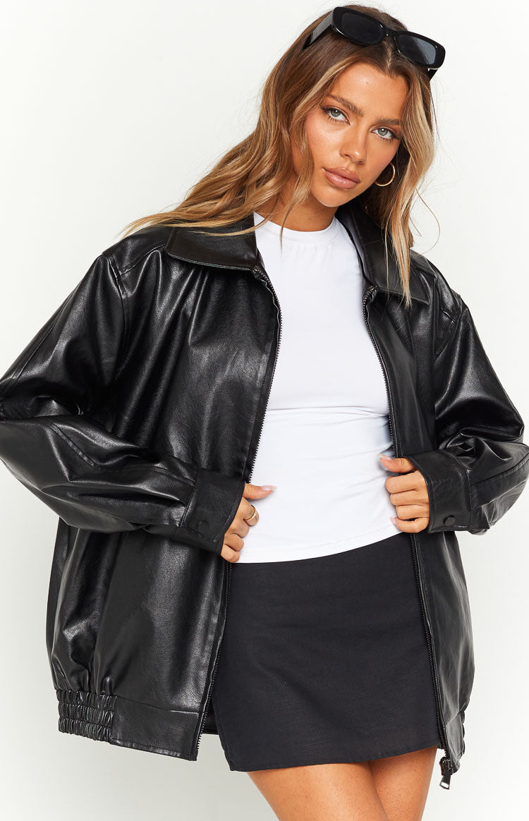 Women's Black Faux Leather Bomber Jacket