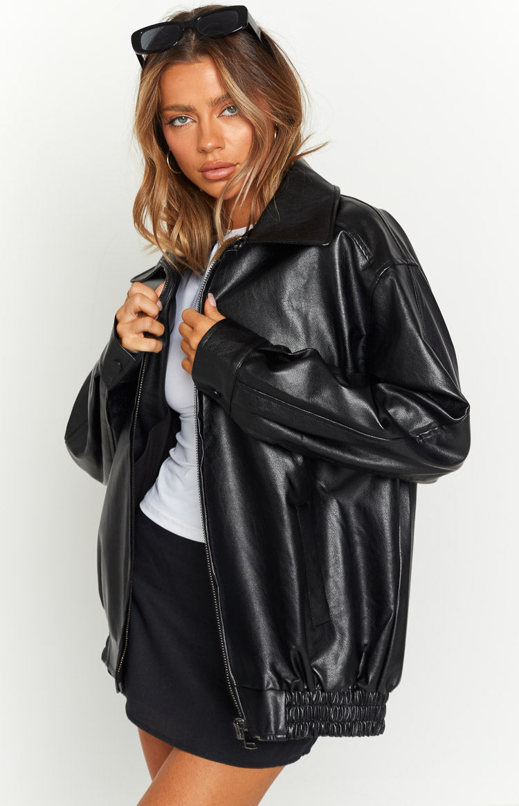 Women's Black Faux Leather Bomber Jacket