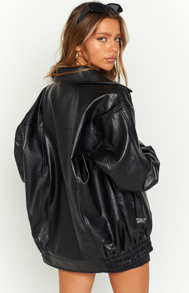Women's Black Faux Leather Bomber Jacket