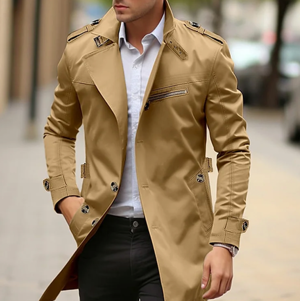 Men's Military-Inspired Mid-Length Trench Coat