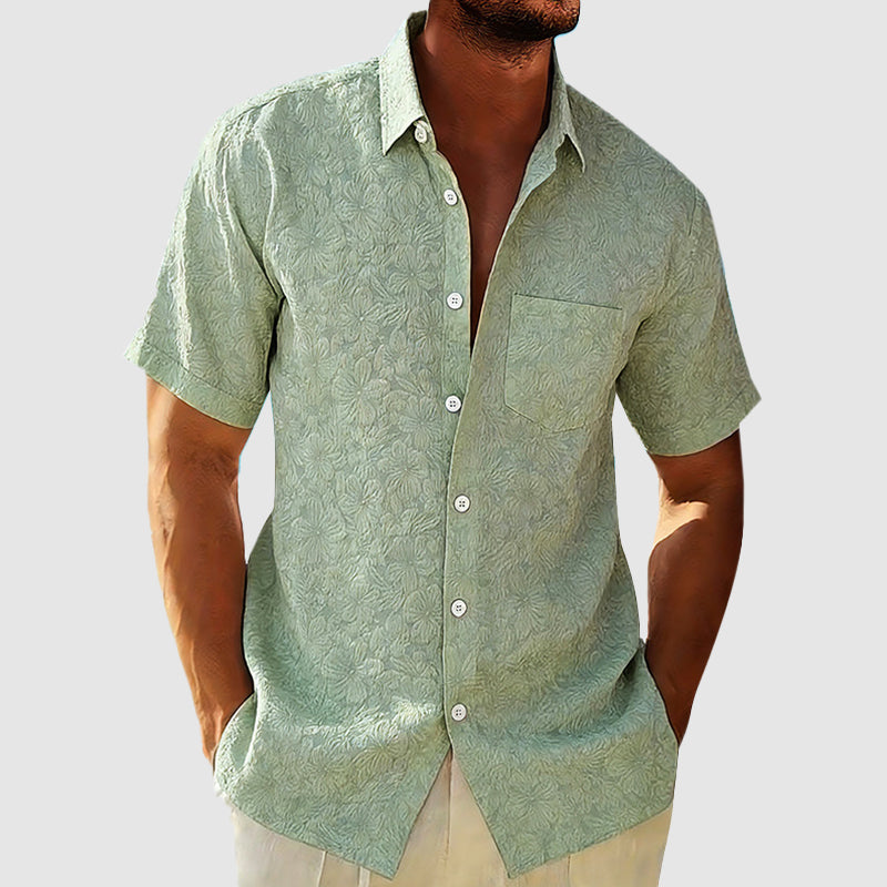 Men's Short-Sleeve Printed Linen Shirt with Chest Pocket