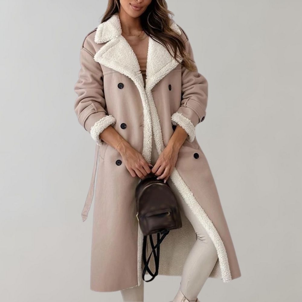 Women's Belted Double-Breasted Long Coat with Shearling Lining