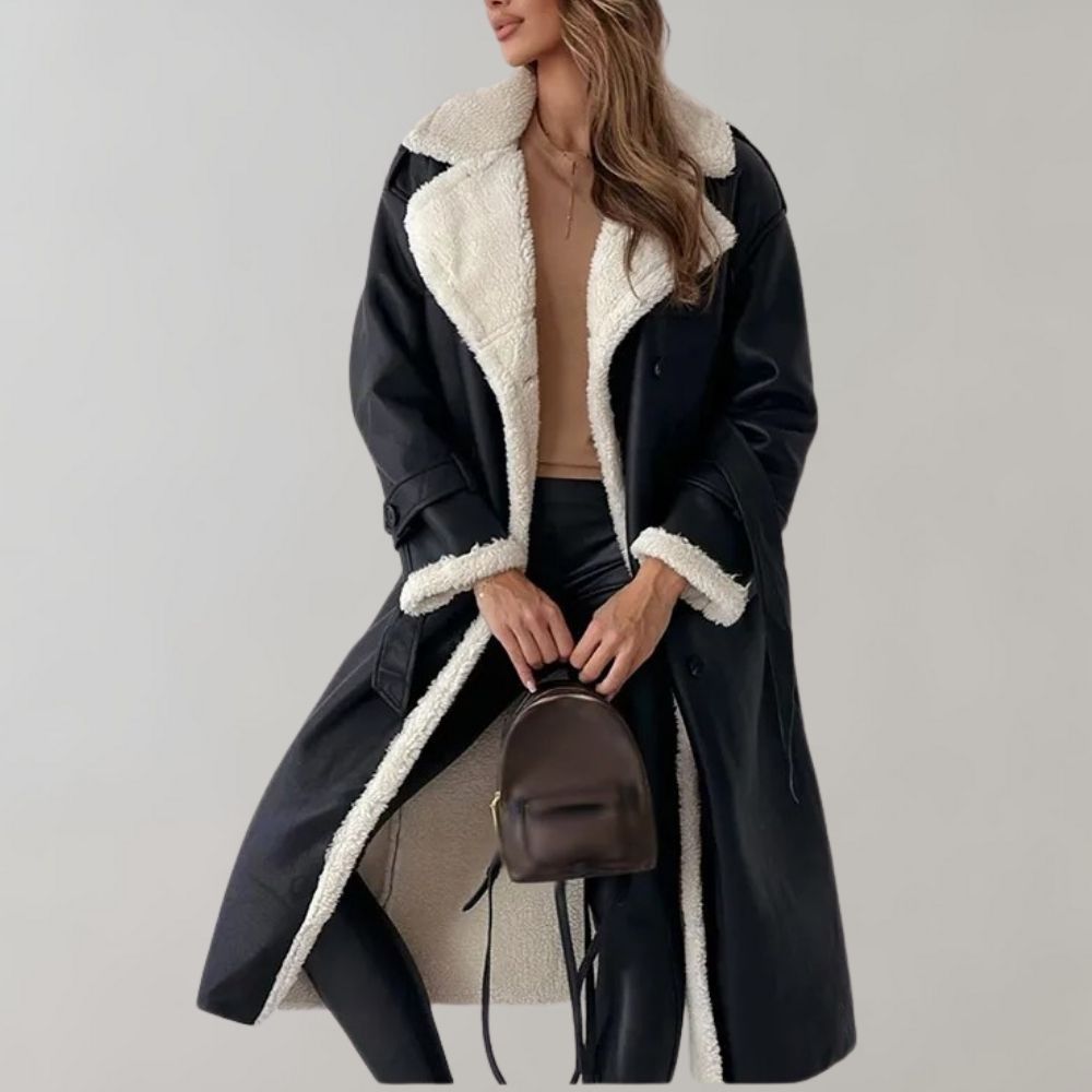 Women's Belted Double-Breasted Long Coat with Shearling Lining