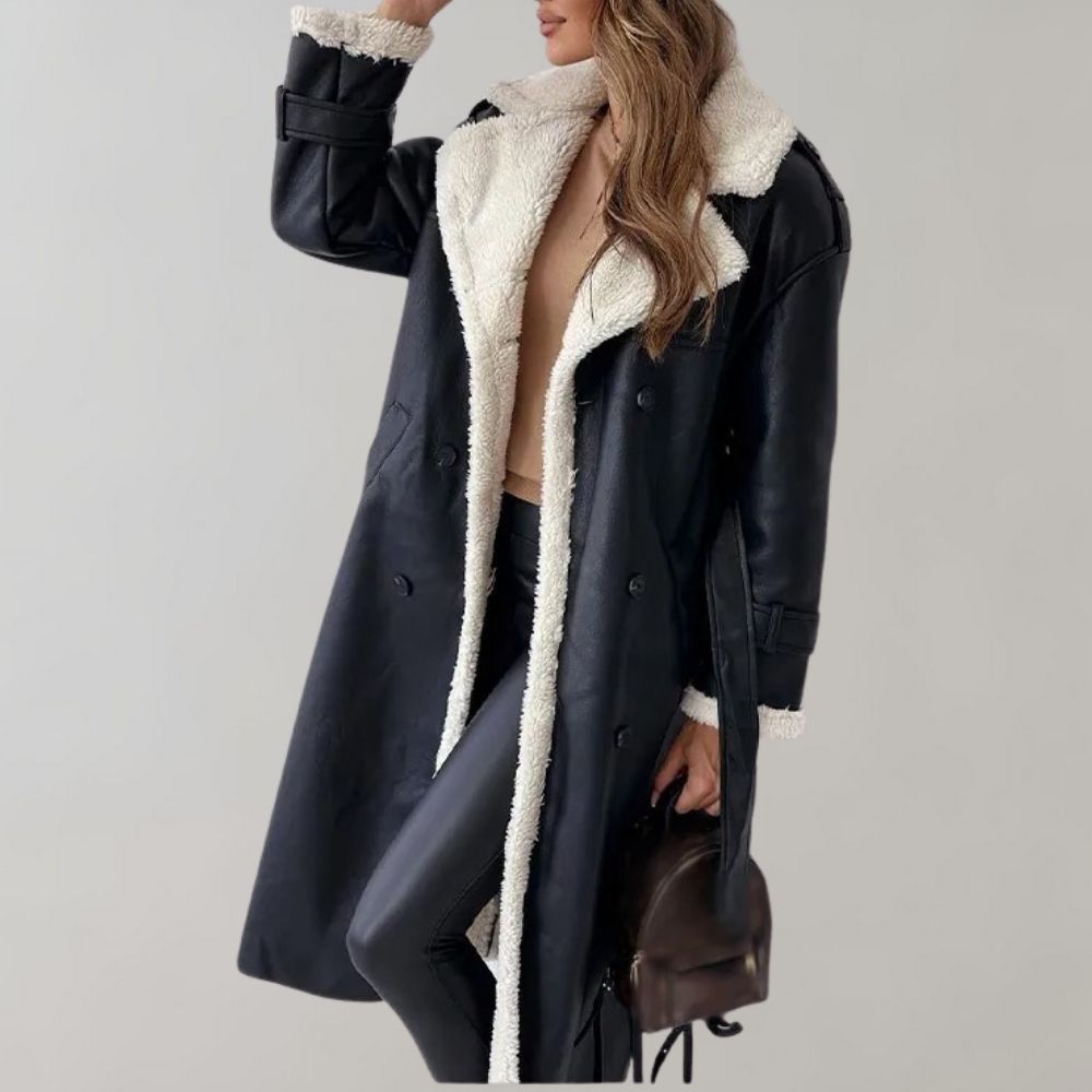 Women's Belted Double-Breasted Long Coat with Shearling Lining