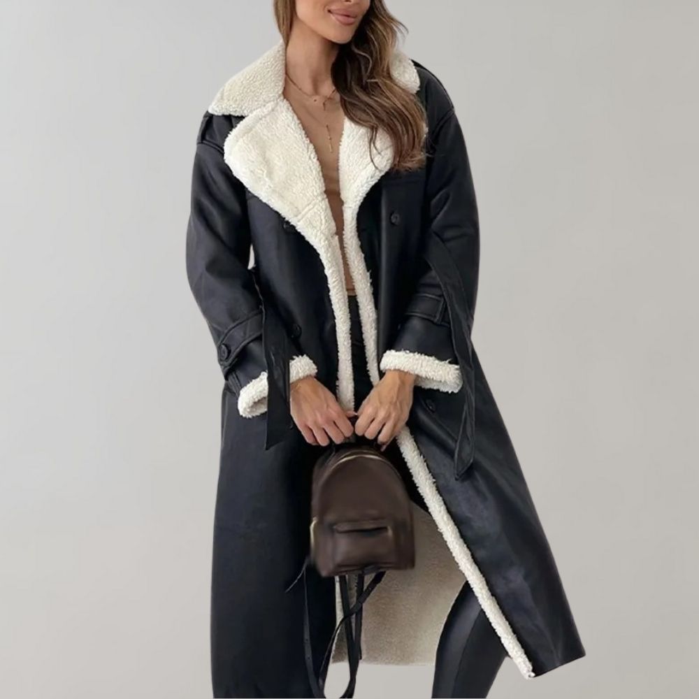 Women's Belted Double-Breasted Long Coat with Shearling Lining
