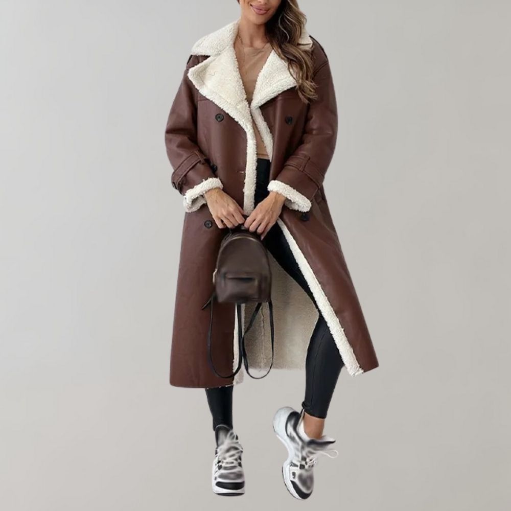 Women's Belted Double-Breasted Long Coat with Shearling Lining