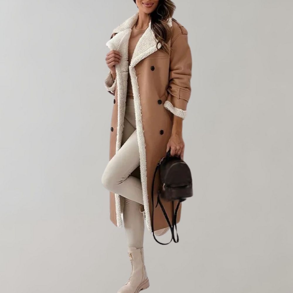 Women's Belted Double-Breasted Long Coat with Shearling Lining