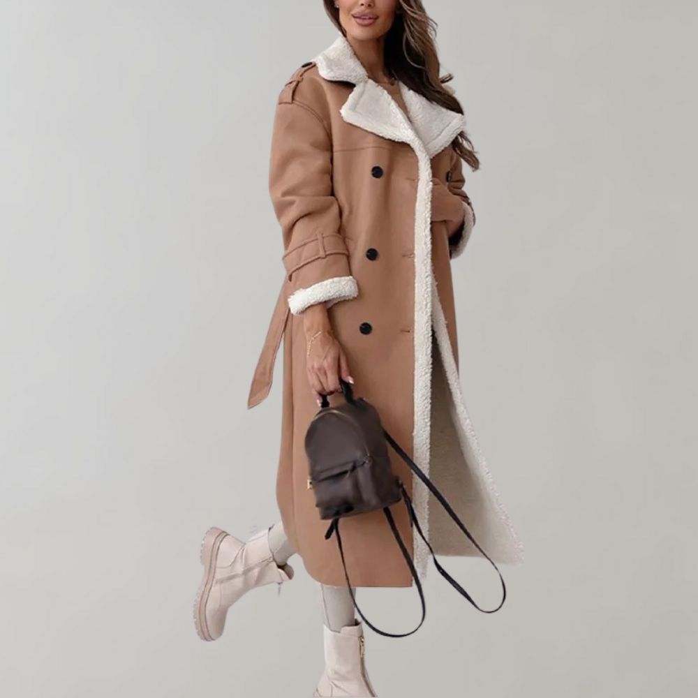 Women's Belted Double-Breasted Long Coat with Shearling Lining