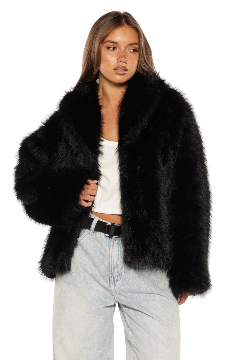 Women's Black Faux Fur Cropped Jacket