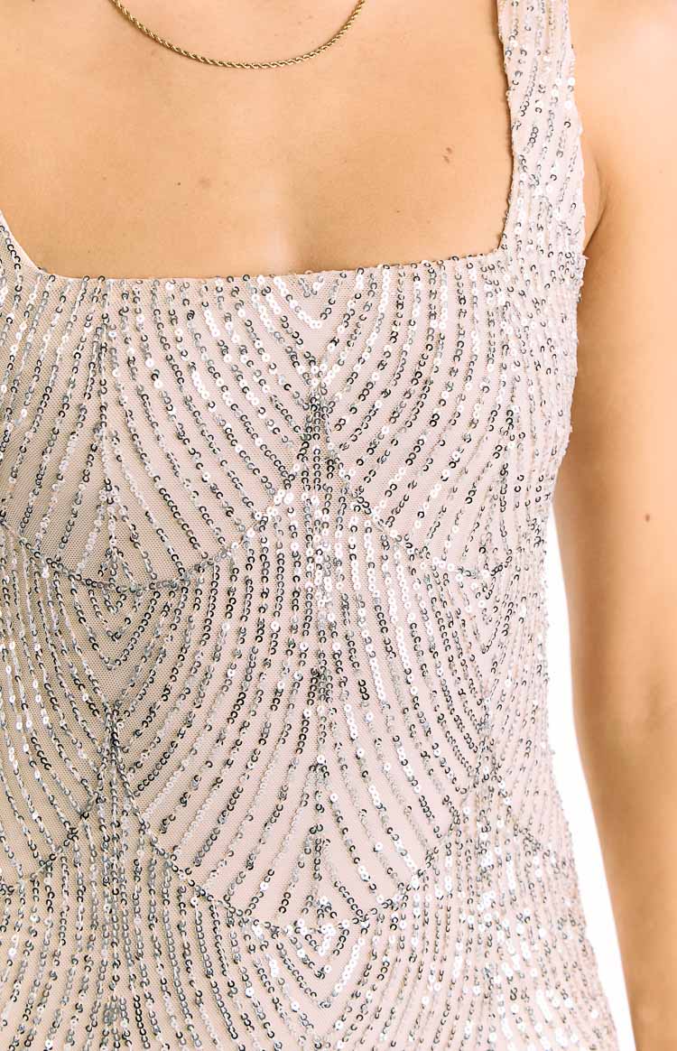 Women's Silver Sequin Square-Neck Mini Dress