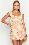 Women's Yellow Floral Chiffon Ruffle Mini Dress
