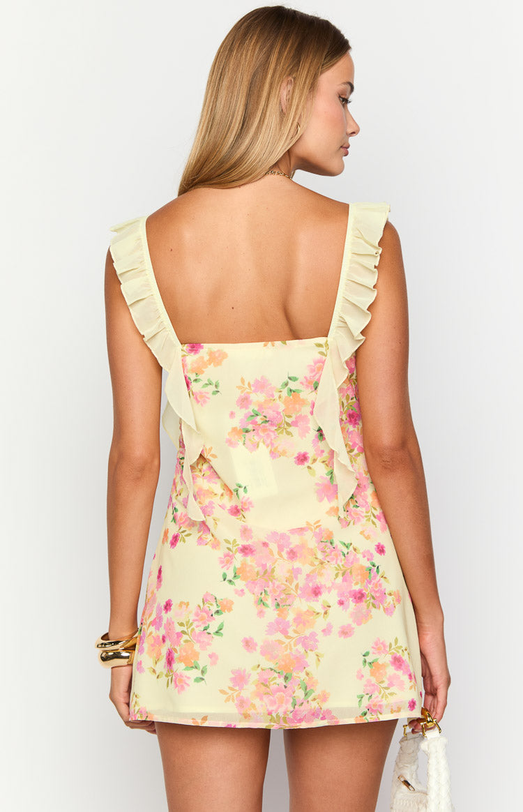 Women's Yellow Floral Chiffon Ruffle Mini Dress