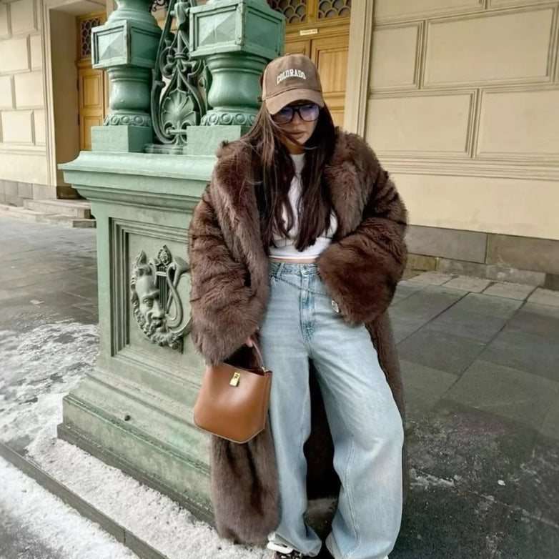 Women's Dark Brown Oversized Long Faux Fur Coat