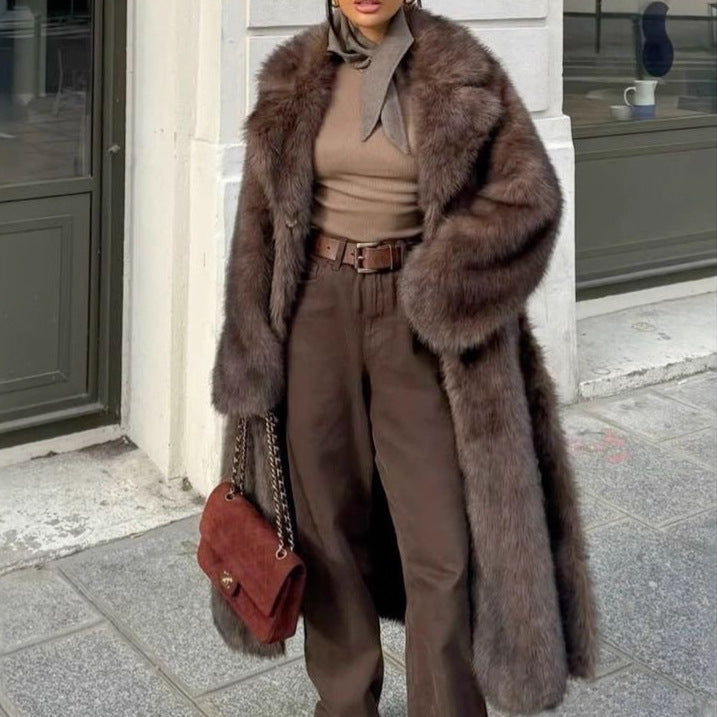 Women's Dark Brown Oversized Long Faux Fur Coat