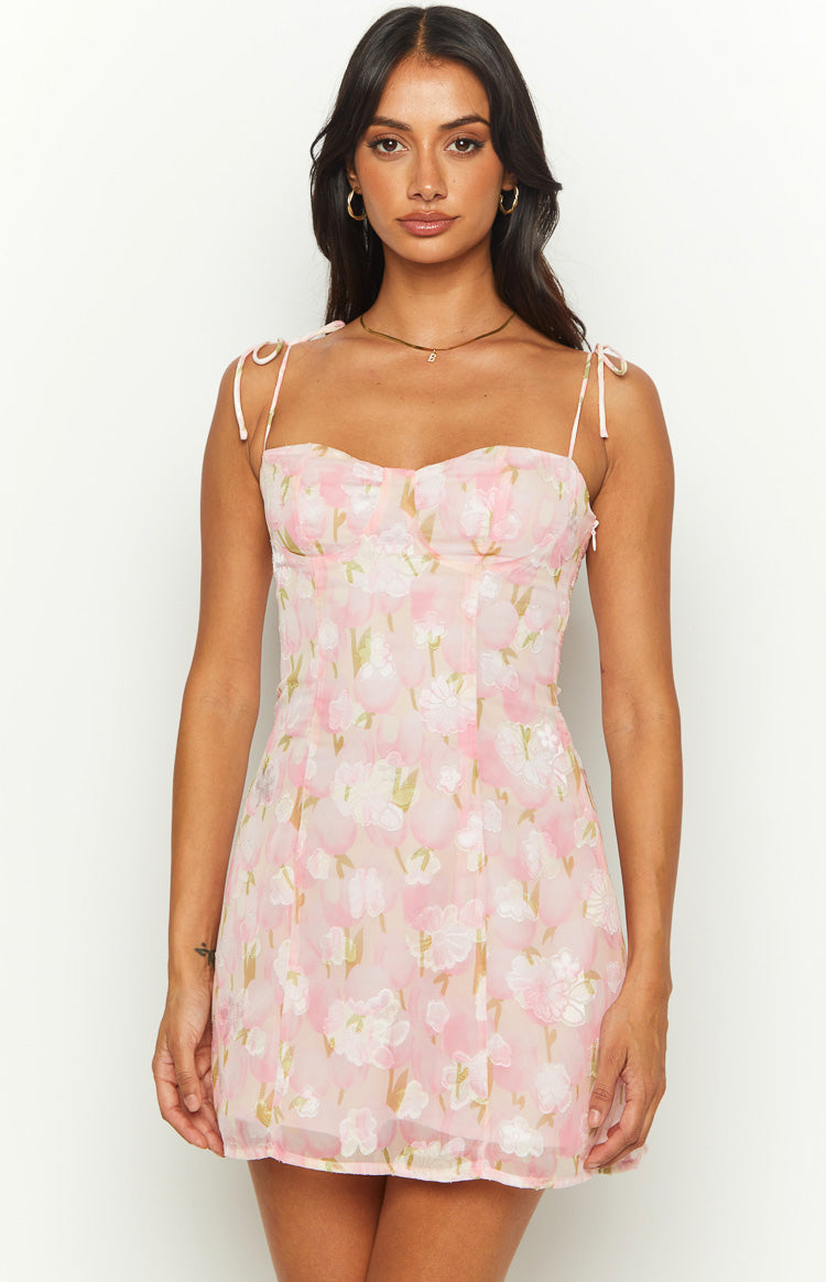 Women's Pink Floral Sweetheart Mini Dress