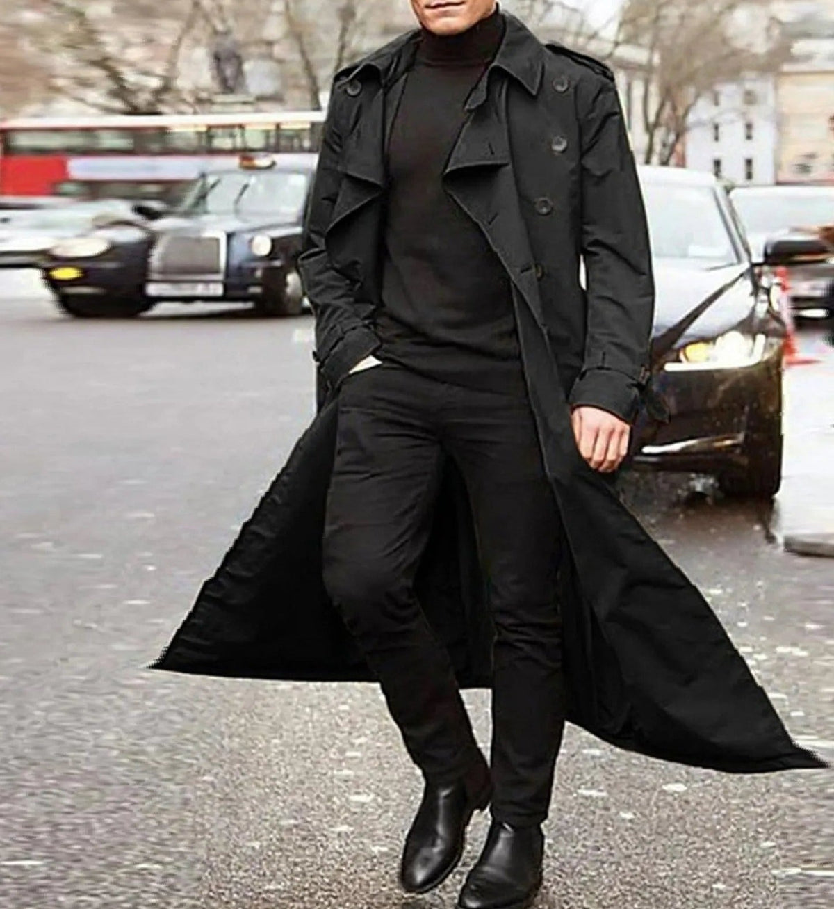 Men's Long Double-Breasted Trench Coat