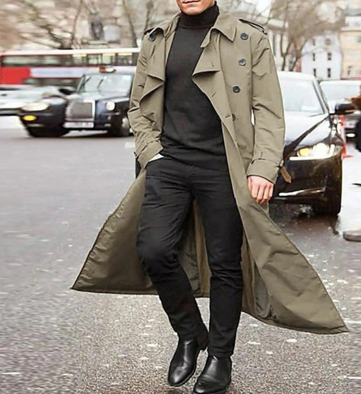 Men's Long Double-Breasted Trench Coat