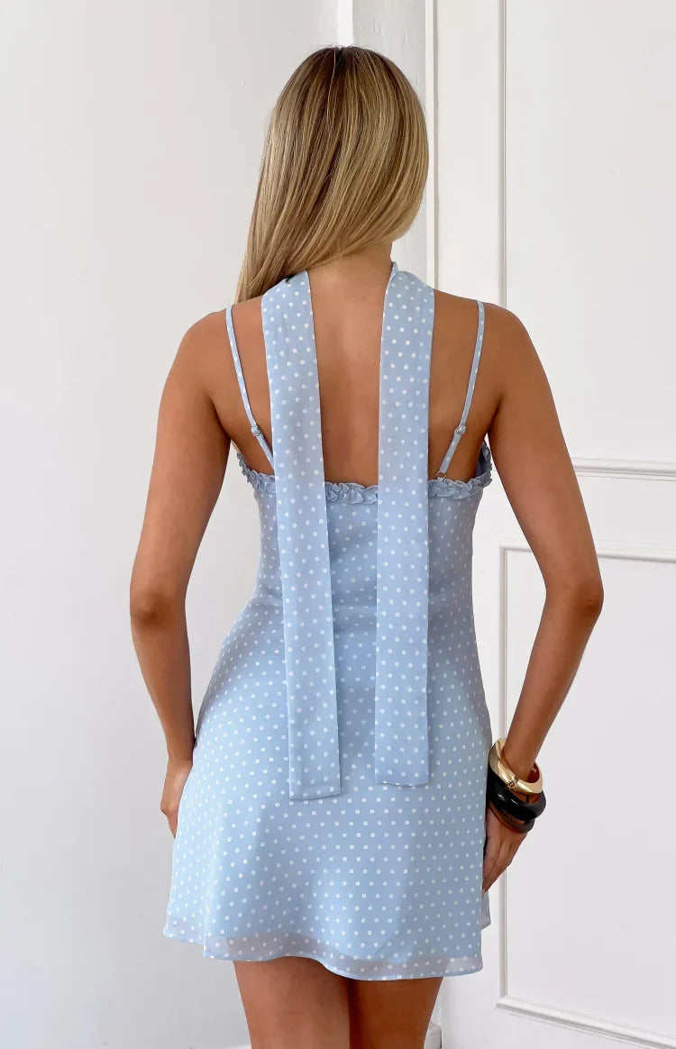 Women's Blue Polka Dot Scarf Mini Dress