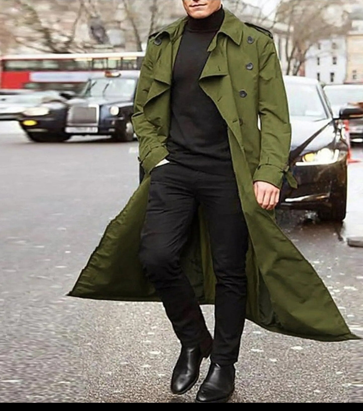 Men's Long Double-Breasted Trench Coat