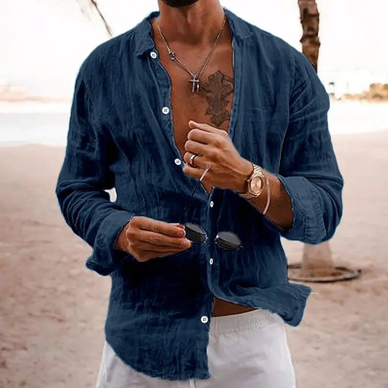 Men's Relaxed Long-Sleeve Linen Beach Shirt