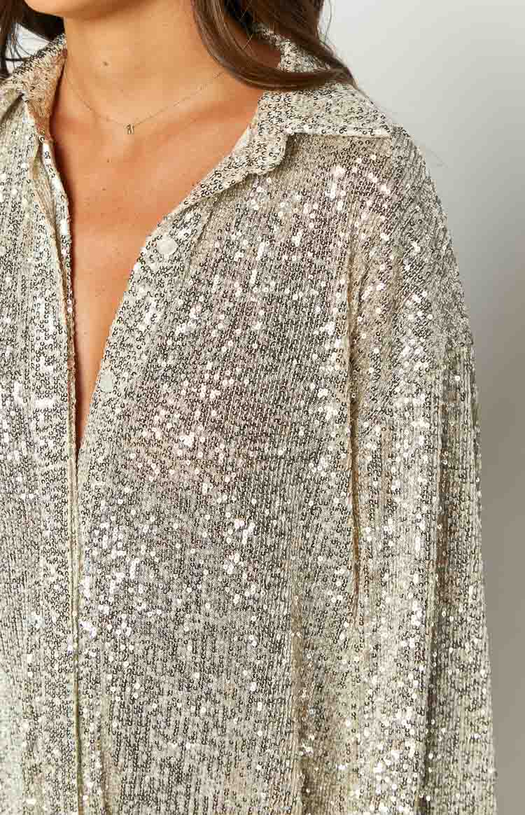 Women's Gold Sequin Long-Sleeve Shirt