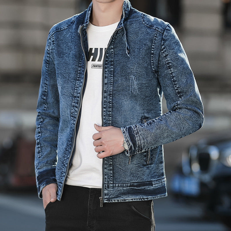 Men's Distressed Denim Zip-Up Jacket
