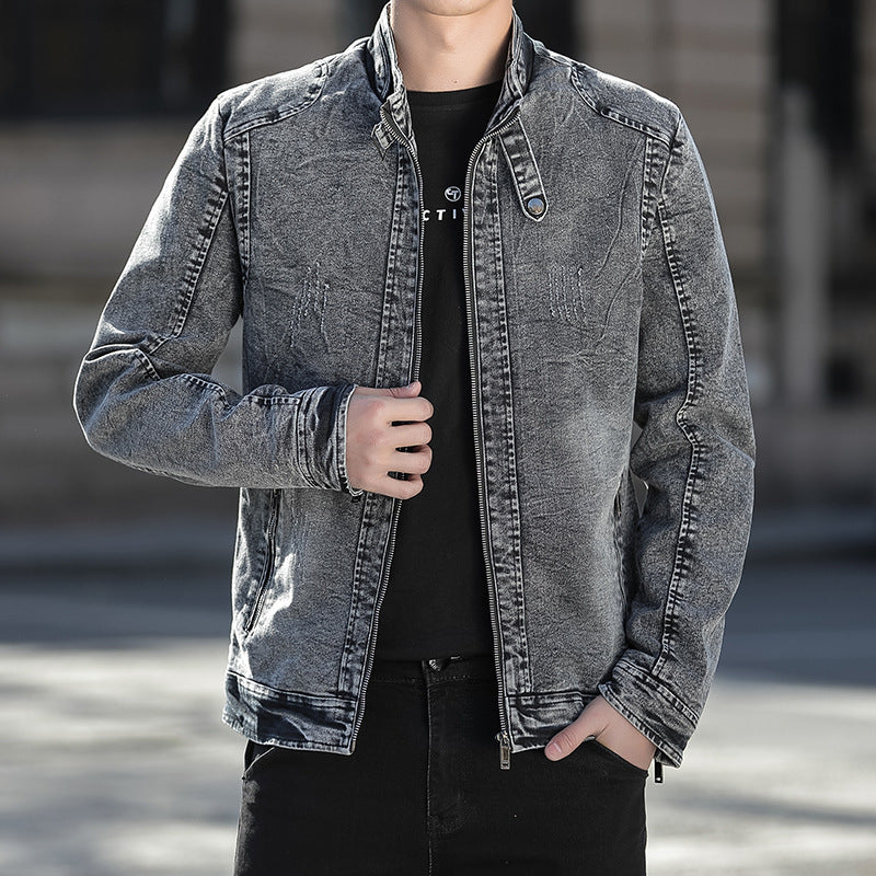Men's Distressed Denim Zip-Up Jacket