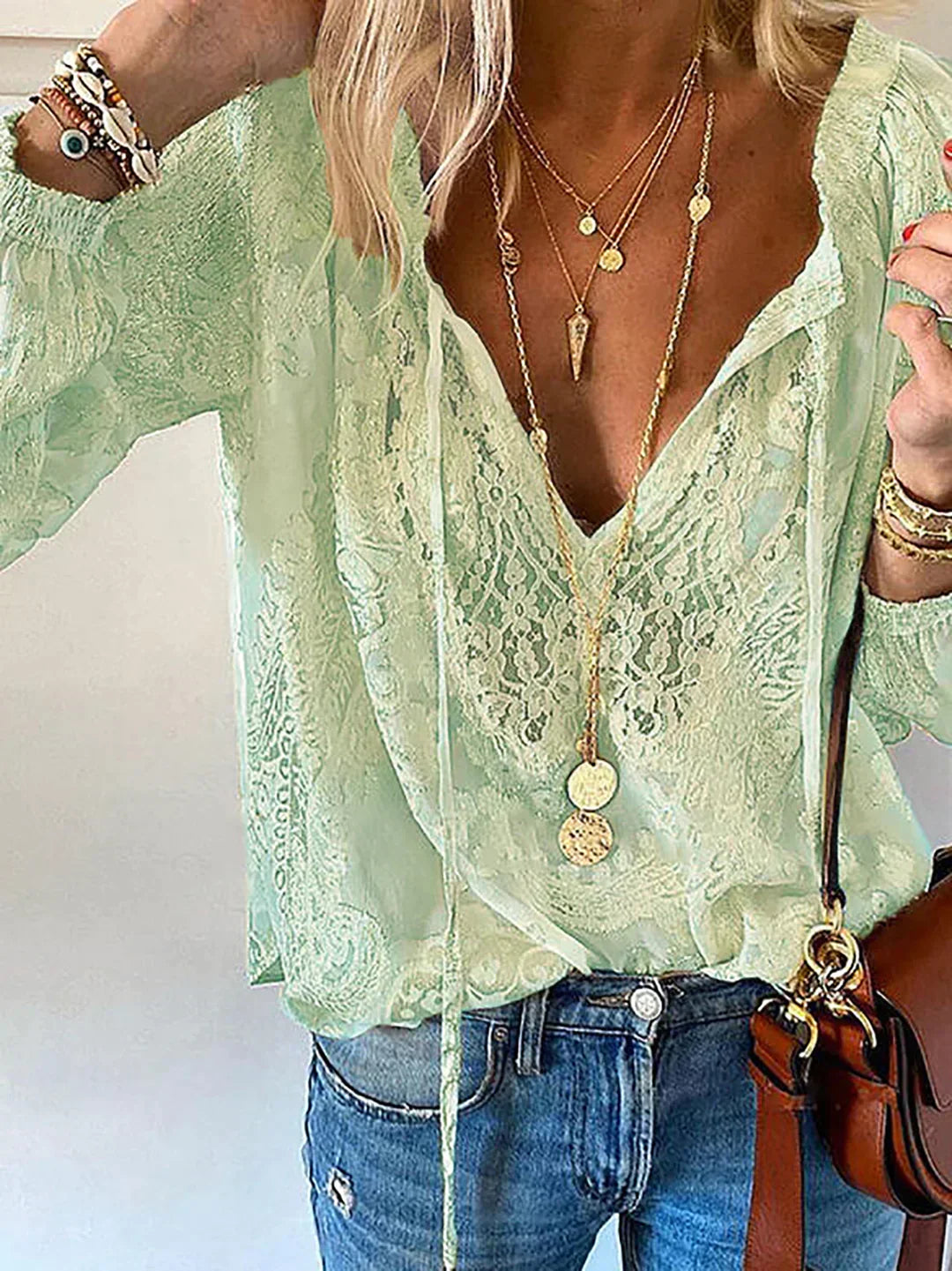 Women's V-Neck Lace Chiffon Top