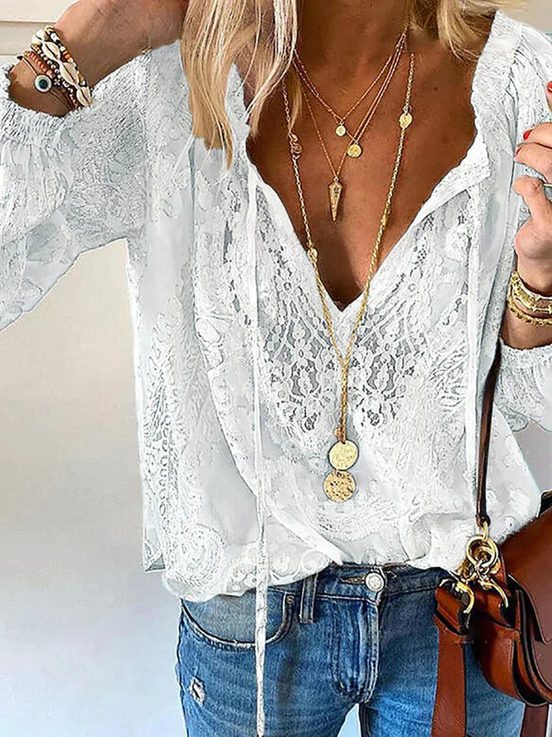 Women's V-Neck Lace Chiffon Top
