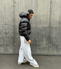 Men's Black Sherpa-Lined Quilted Hooded Jacket