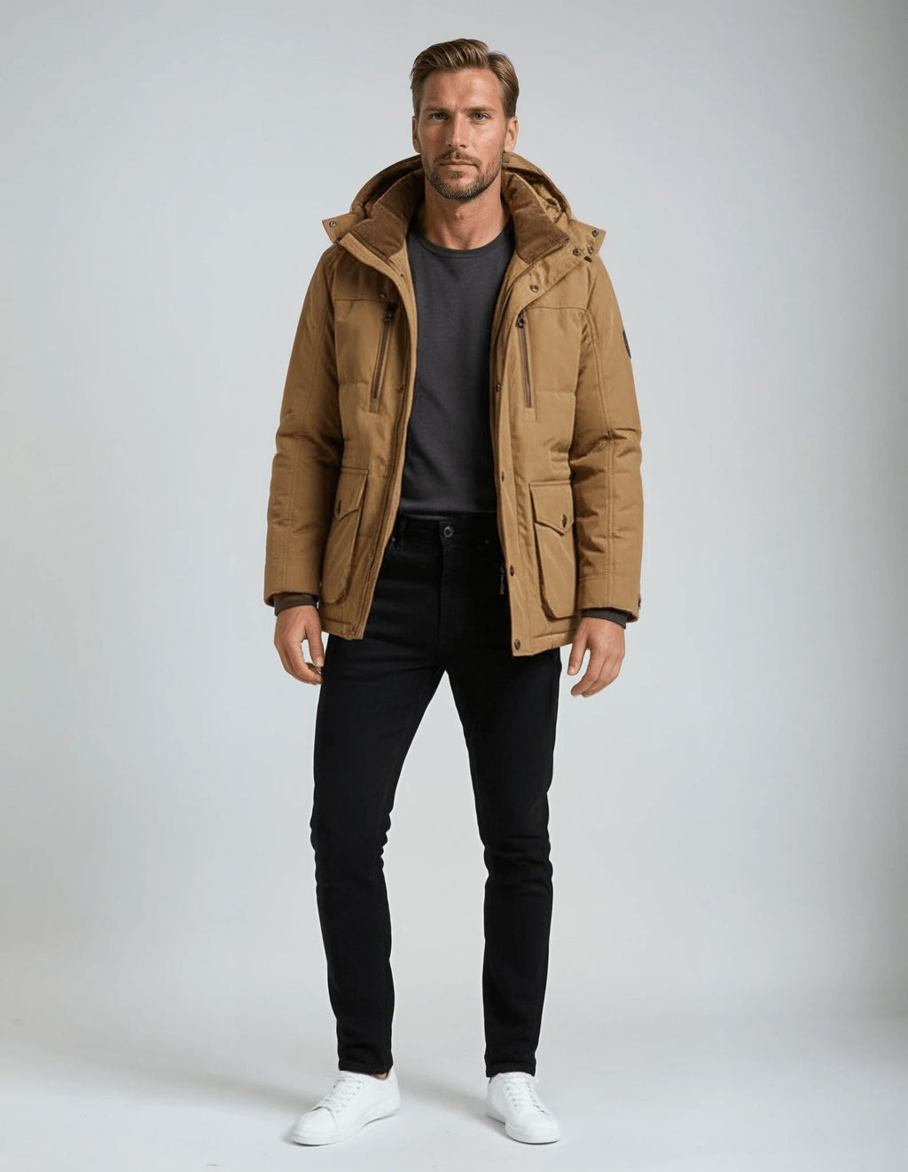 Men's Dark Blue Hooded Long Winter Parka