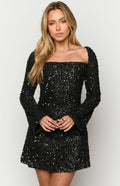 Women's Black Sequin Long-Sleeve Mini Dress