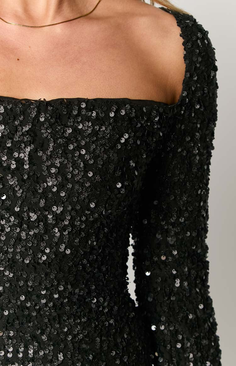 Women's Black Sequin Long-Sleeve Mini Dress