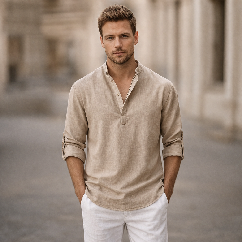 Men's Linen Henley Shirt with Roll-Up Sleeves
