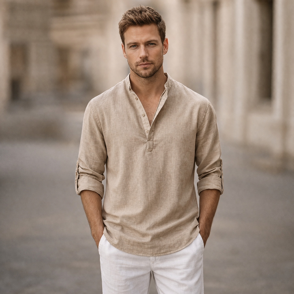Men's Linen Henley Shirt with Roll-Up Sleeves